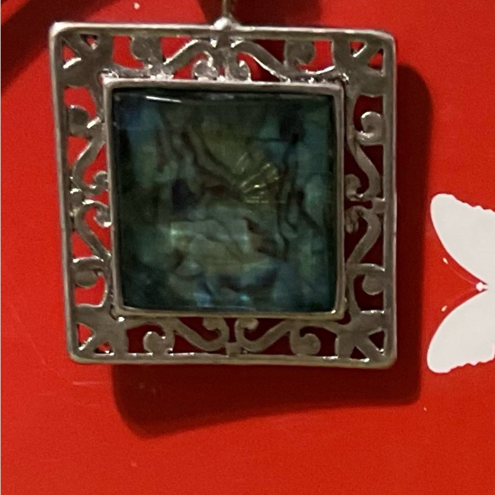Vintage Roman Glass pendant Silver Square Marble Blue Green swirling in Stone